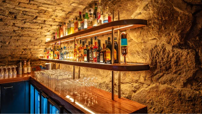 Illuminated bottle shelves run along the cellar's stone wall.