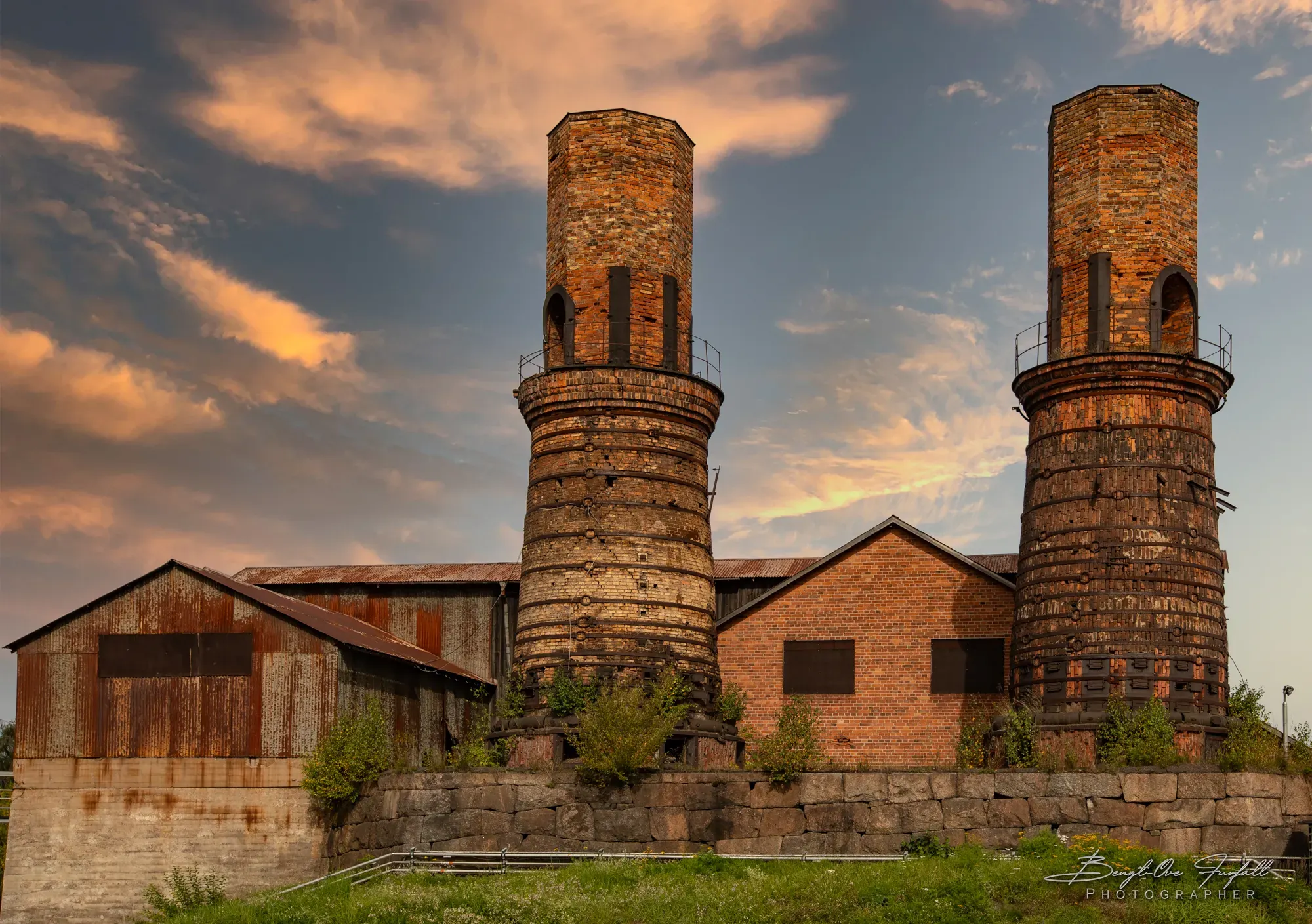 Two historic blast furnaces and industrial buildings in Söderfors.