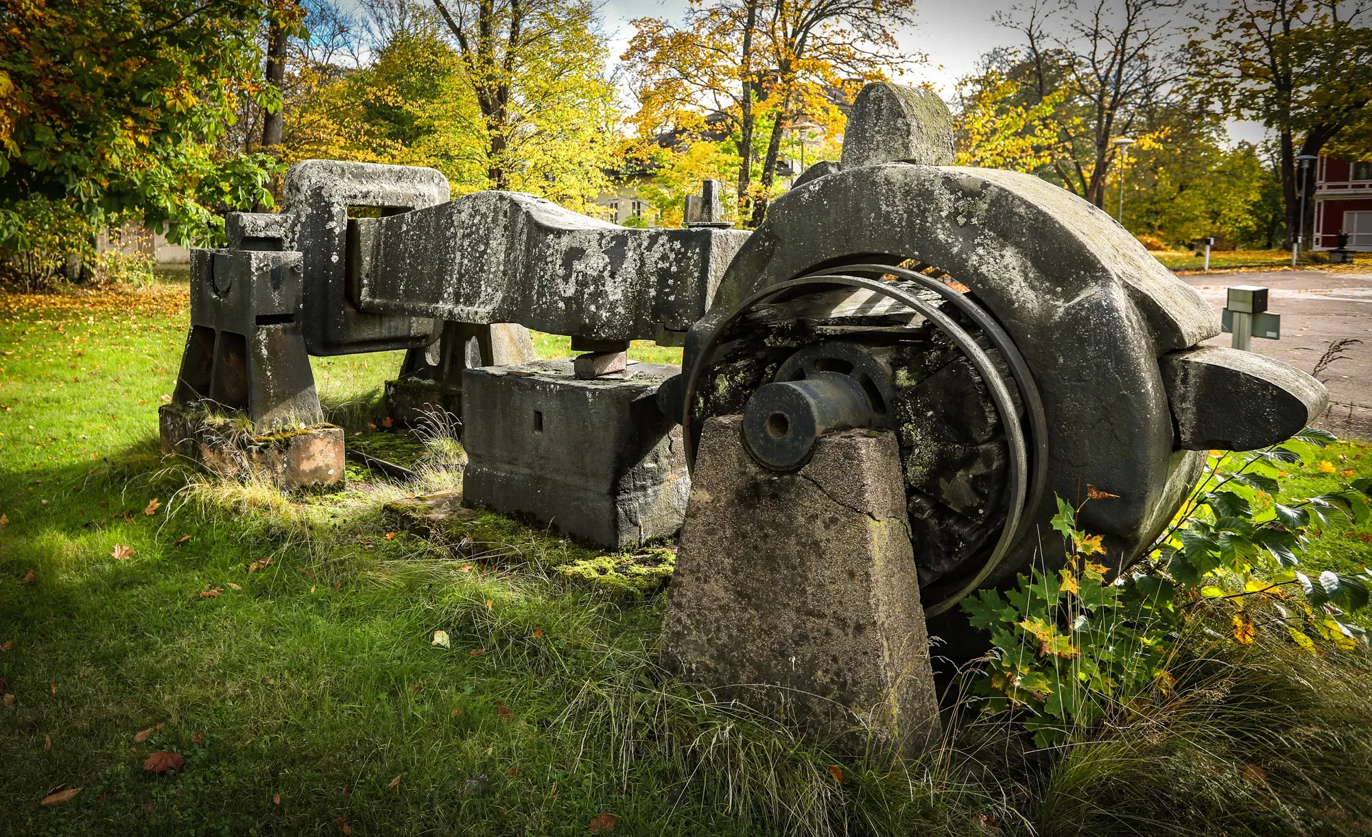 Preserved historic industrial machine outdoors in Söderfors.