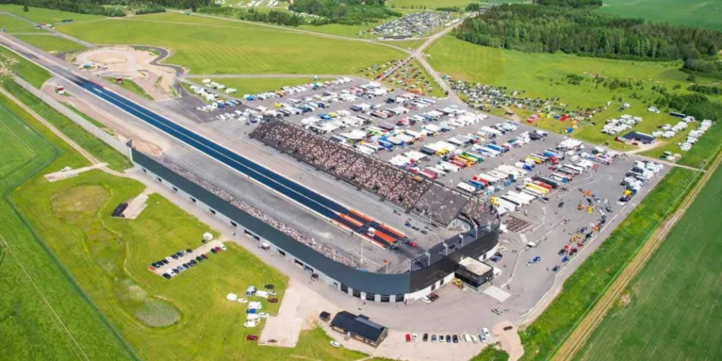 Aerial view of Tierp Arena during a large motorsport event.
